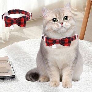 💞 New Small Red & Black Plaid Bow Tie Cat & Dog Collar with Bell
